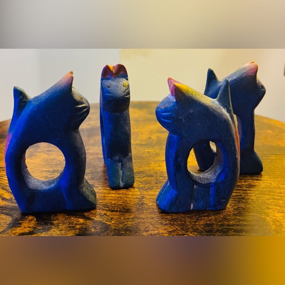 Carved Cat Napkin Holders Wood Set of 4